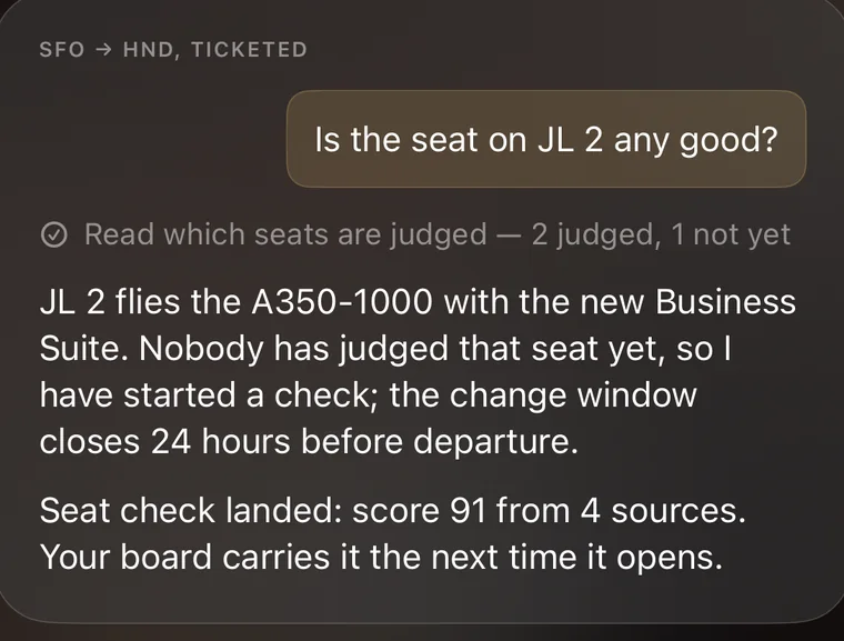 An Ask thread on a ticketed trip: the question about a seat, the step line beneath it, the answer, and the landed seat check.