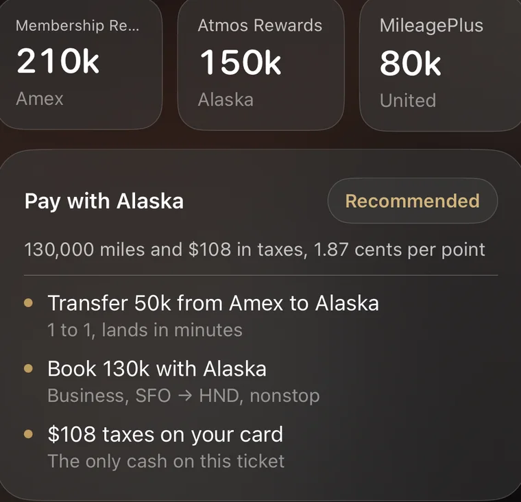 Three programme balances above a Pay with Alaska card: the transfer, the booking and the taxes as the only cash, drawn the same way.