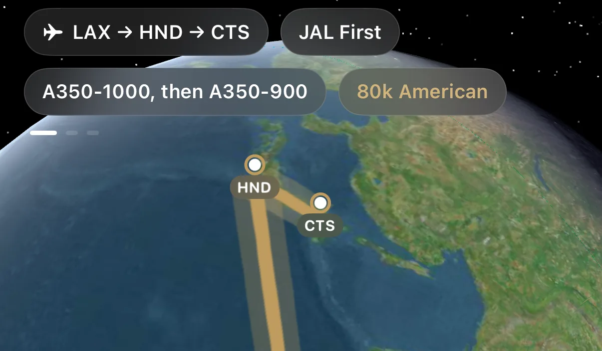 A routing flown on the globe: glass pills naming the route, the cabin, the aircraft and the programme, the great-circle legs drawn in champagne down to HND and CTS.